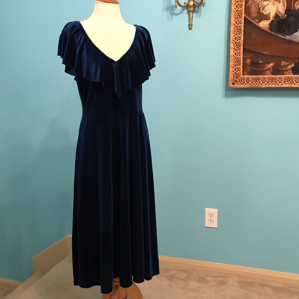 June & Hudson Blue Velvet Ruffle Midi Dress